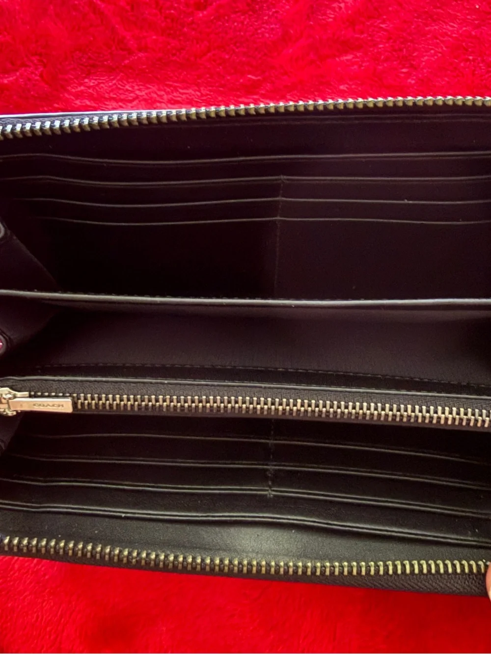COACH Gold Metallic Black Crackle Leather Accordion Zip Around Wallet